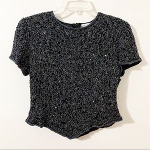 Papell Boutique Evening Beaded Short Sleeve Blouse Crewneck Vee Front and Back